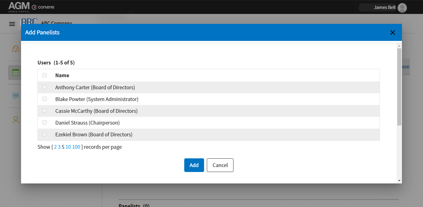 Screenshot of ConveneAGM admin portal interface to add panelists