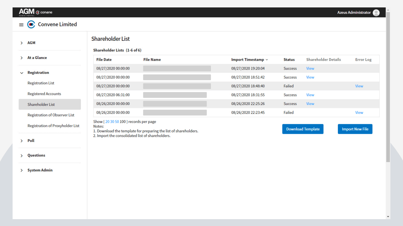 Screenshot of ConveneAGM admin portal showing shareholder list